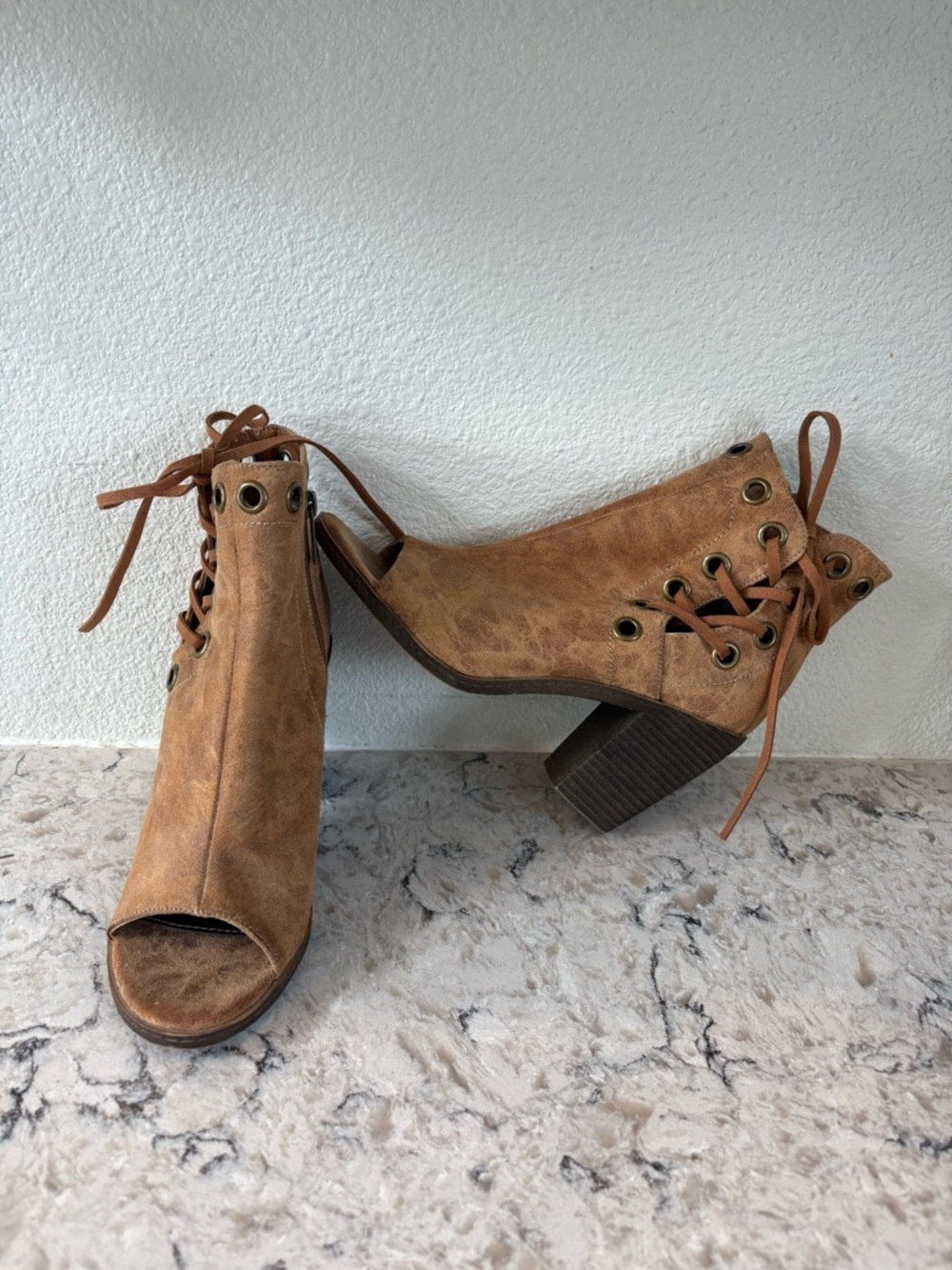 Peep-Toe Lace-Up Block Heel Ankle Boot in Cognac Brown